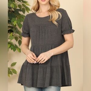 Perfect Peach Oversized Casual Gray Ruffled Sleeve Tiered Mini Dress/Top Sz Sm